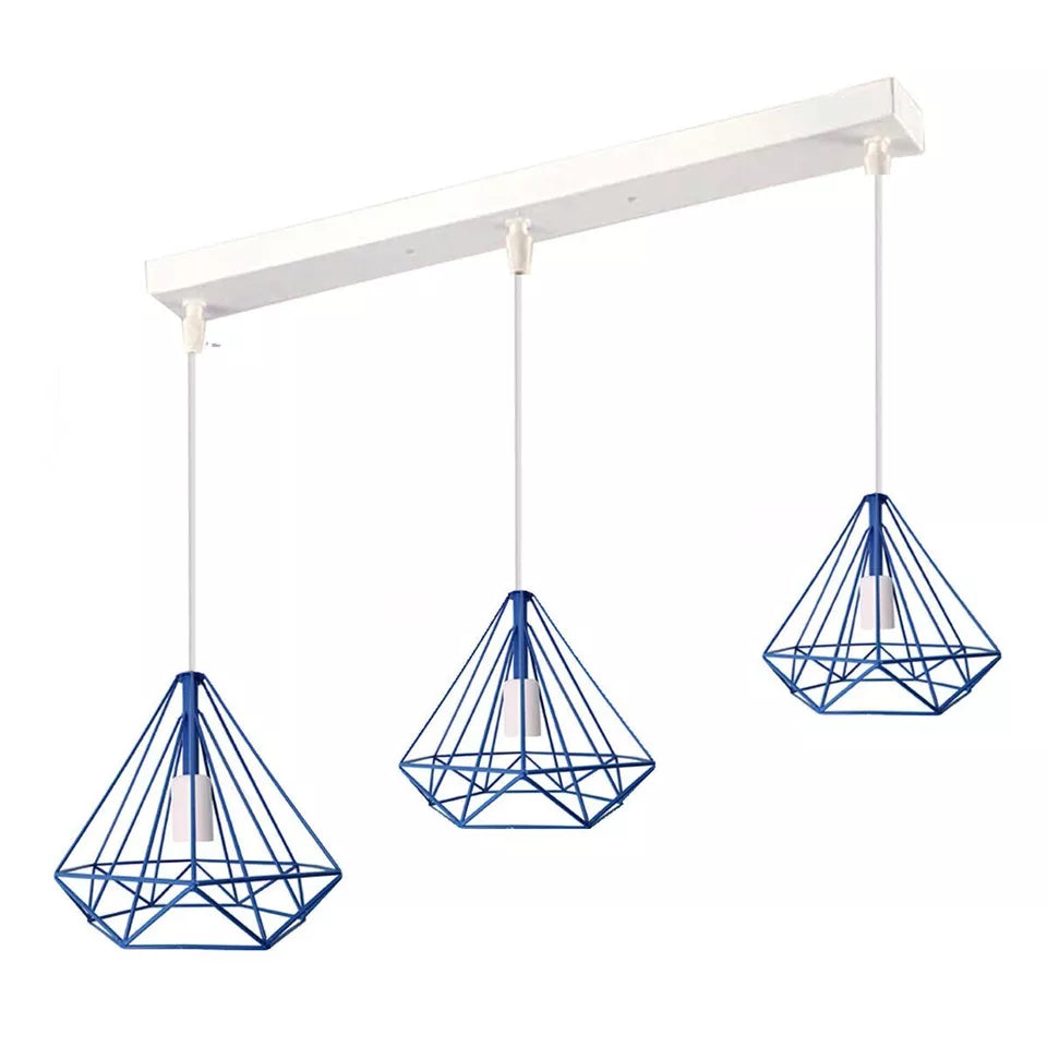 3-Light Diamond Cage Pendant – Bar or Round Ceiling Plate, 6 Colours - White, Blue Cages, Ceiling Bar, Without Bulb