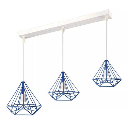 3-Light Diamond Cage Pendant – Bar or Round Ceiling Plate, 6 Colours - White, Blue Cages, Ceiling Bar, Without Bulb