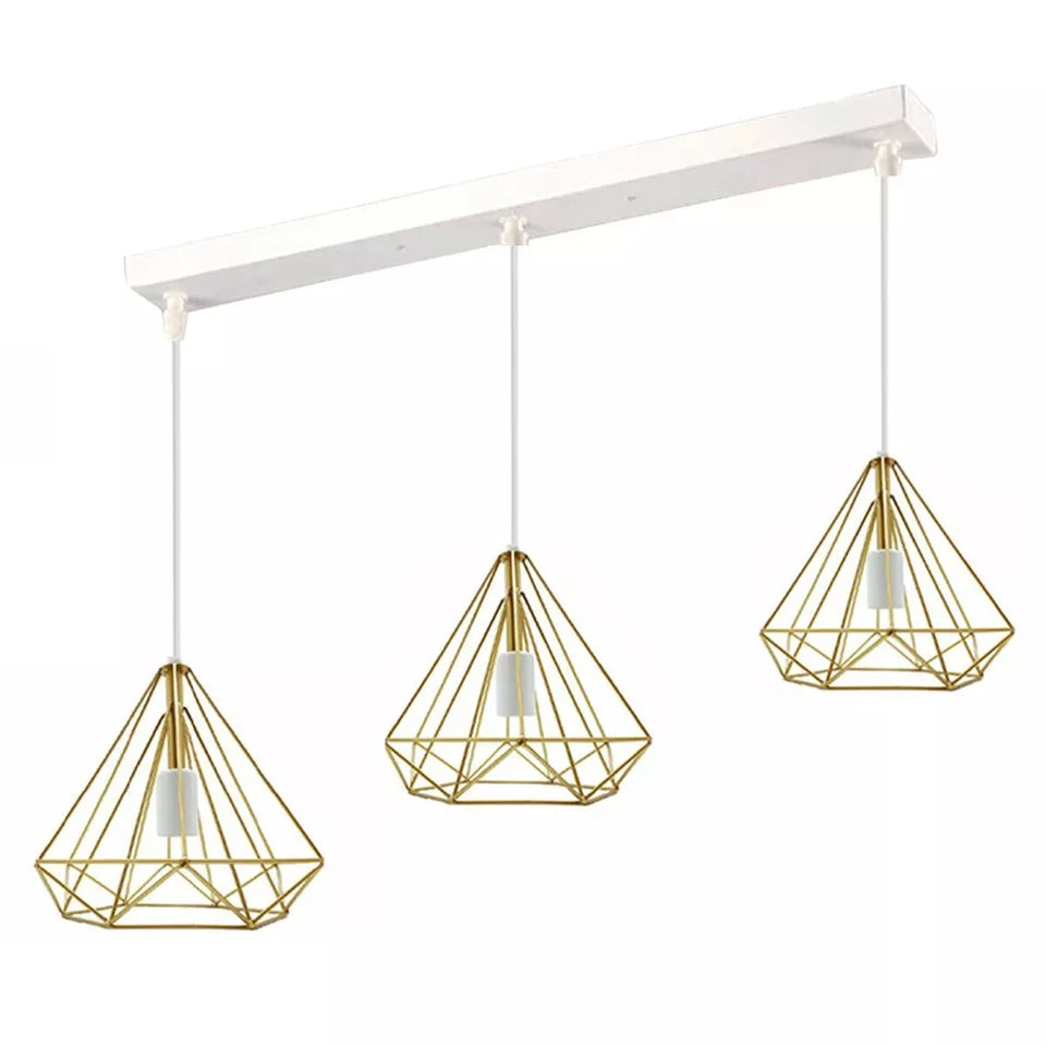 3-Light Diamond Cage Pendant – Bar or Round Ceiling Plate, 6 Colours - White, Gold Cages, Ceiling Bar, Without Bulb