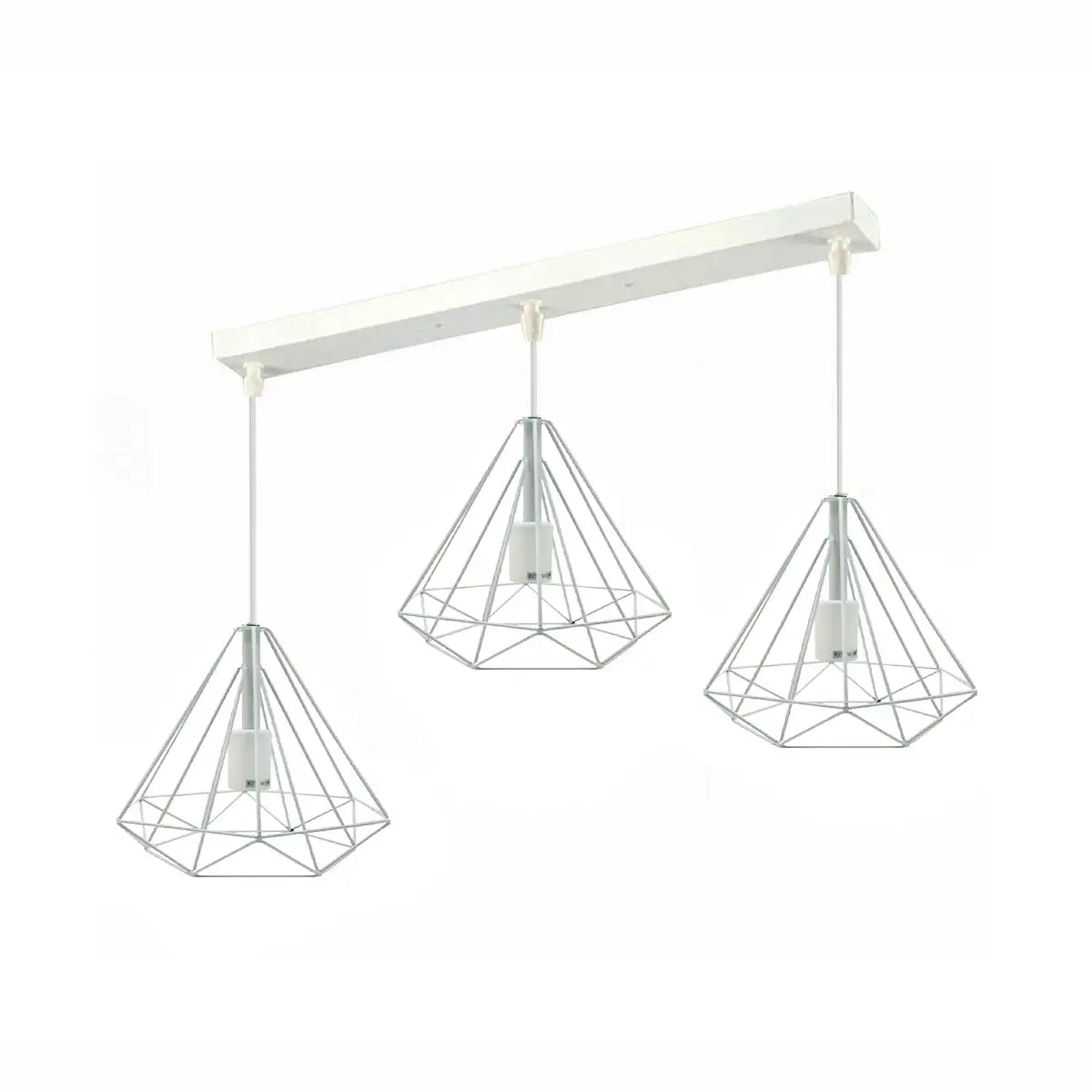 3-Light Diamond Cage Pendant – Bar or Round Ceiling Plate, 6 Colours - White, White Cages, Ceiling Bar, Without Bulb