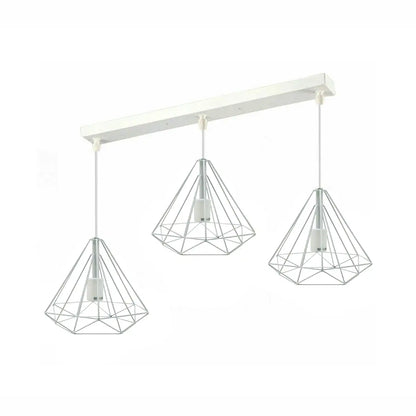 3-Light Diamond Cage Pendant – Bar or Round Ceiling Plate, 6 Colours - White, White Cages, Ceiling Bar, Without Bulb