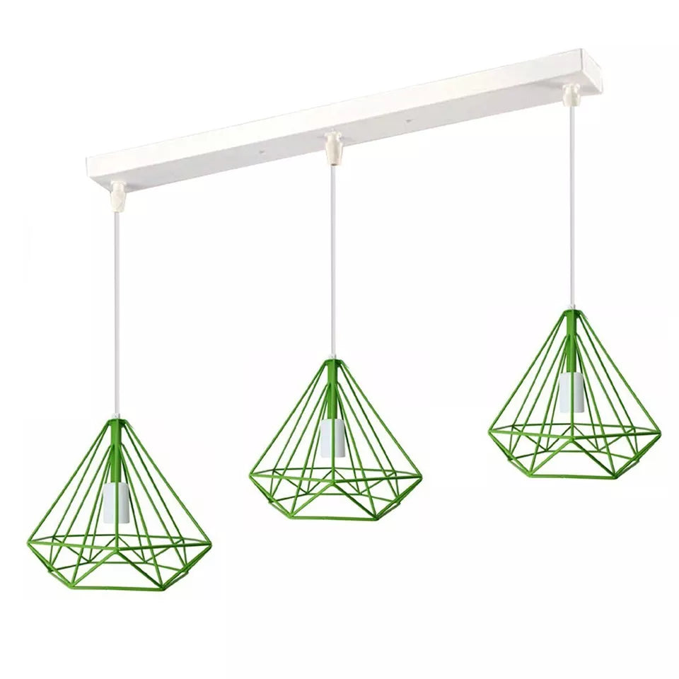 3-Light Diamond Cage Pendant – Bar or Round Ceiling Plate, 6 Colours - White, Yellow Cages, Ceiling Bar, Without Bulb