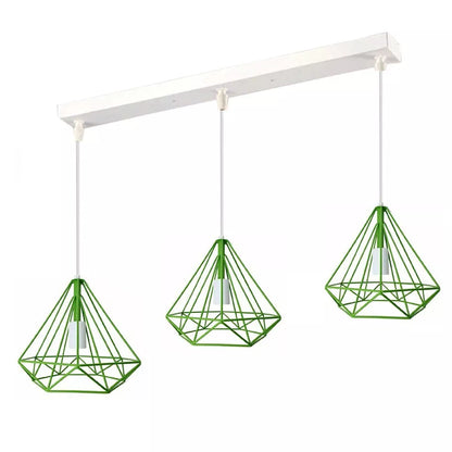 3-Light Diamond Cage Pendant – Bar or Round Ceiling Plate, 6 Colours - White, Yellow Cages, Ceiling Bar, Without Bulb