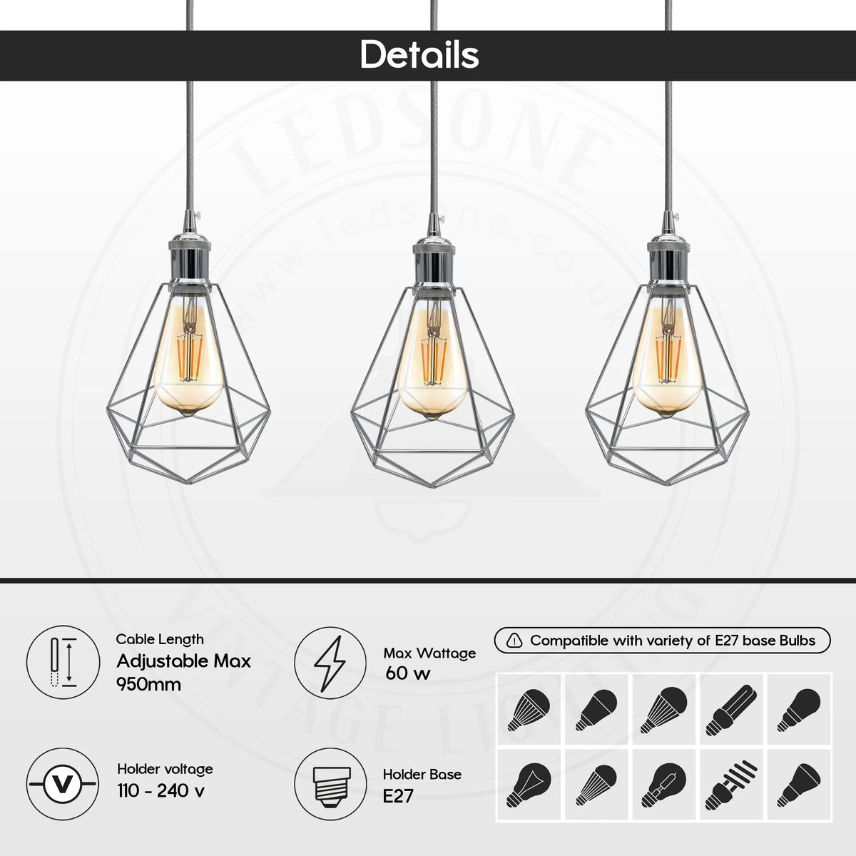 3-Light Diamond Cage Pendant – Chrome, Round Plate or Bar - photo 4