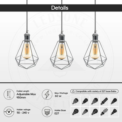 3-Light Diamond Cage Pendant – Chrome, Round Plate or Bar - photo 4