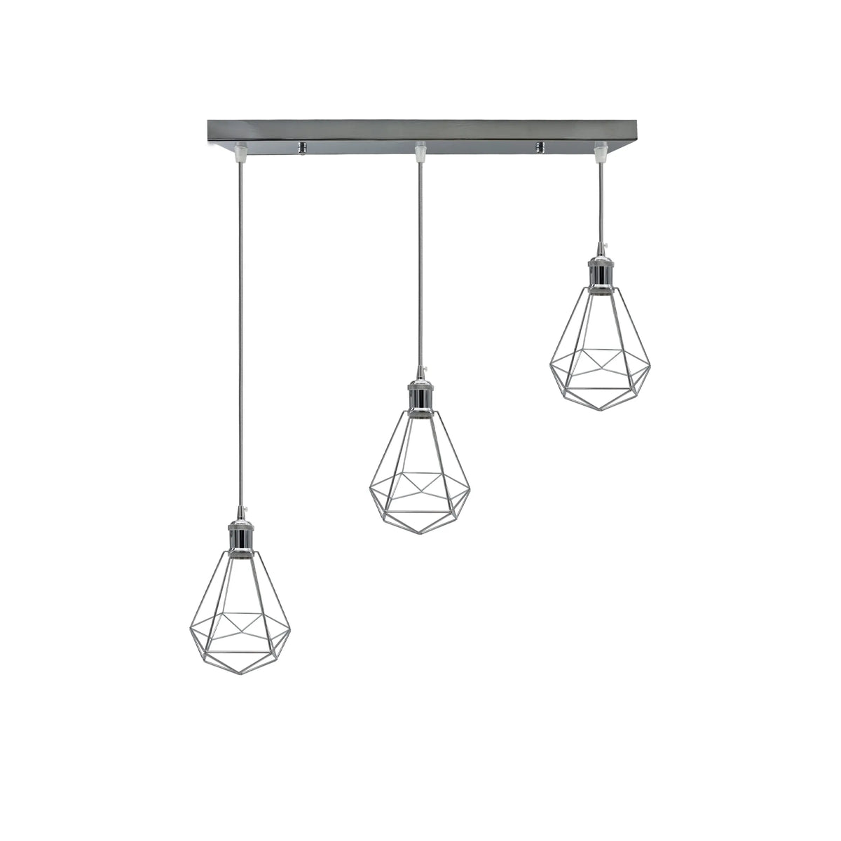 3-Light Diamond Cage Pendant – Chrome, Round Plate or Bar - Chrome, Straight Ceiling Bar, Without Bulb