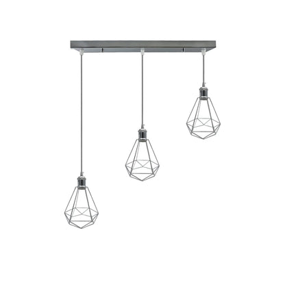 3-Light Diamond Cage Pendant – Chrome, Round Plate or Bar - Chrome, Straight Ceiling Bar, Without Bulb