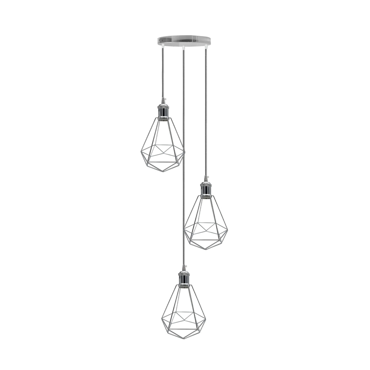 3-Light Diamond Cage Pendant – Chrome, Round Plate or Bar - Chrome, Round Ceiling Plate, Without Bulb
