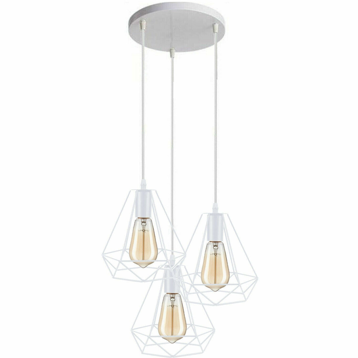 White 3-Light Spider Pendant – Swag Hooks or Diamond Cages, E27 - White, Diamond Cages, Round Plate, Without Bulb