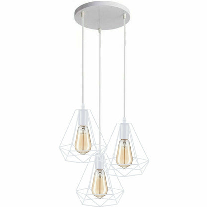 White 3-Light Spider Pendant – Swag Hooks or Diamond Cages, E27 - White, Diamond Cages, Round Plate, Without Bulb