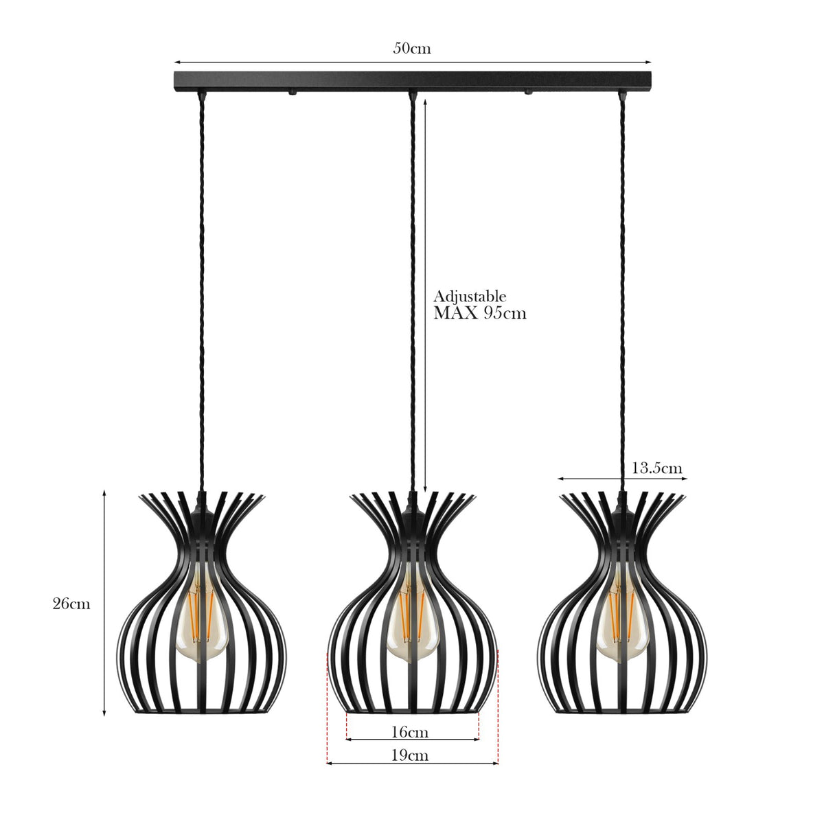3-Light Cage Cluster Pendant – Red Balloon or Black Bar - Black Tulip Cages on Bar
