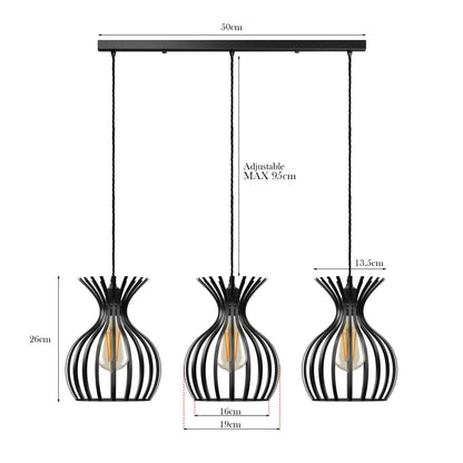 3-Light Cage Cluster Pendant – Red Balloon or Black Bar - Black Tulip Cages on Bar