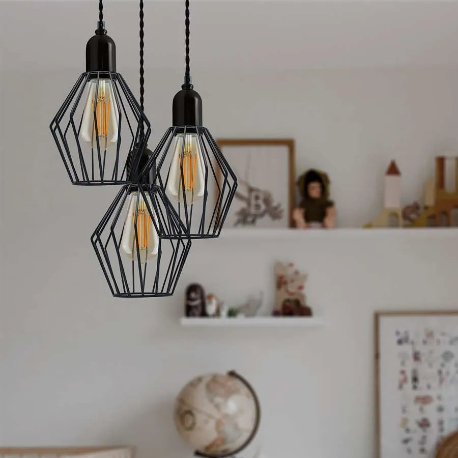 3-Light Diamond Cage Cluster Pendant – Black, E27 - photo 2