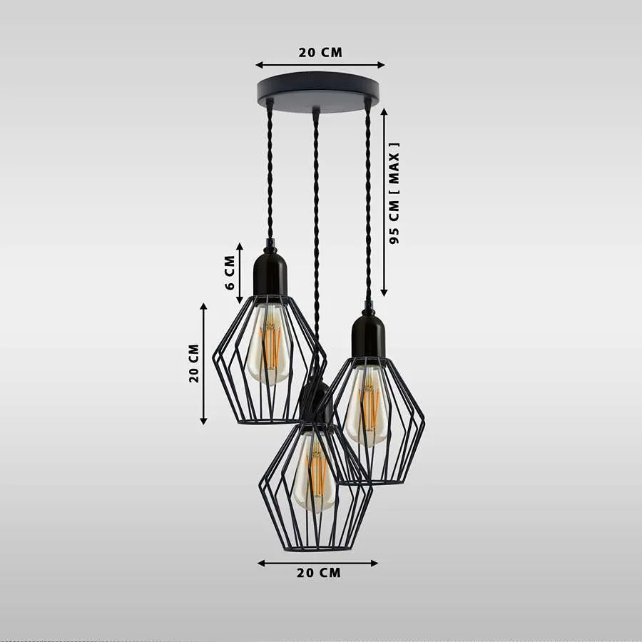 3-Light Diamond Cage Cluster Pendant – Black, E27 - photo 3