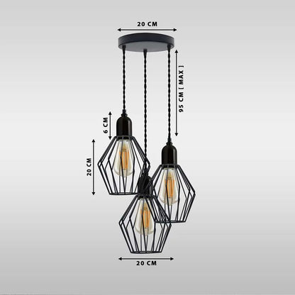 3-Light Diamond Cage Cluster Pendant – Black, E27 - photo 3