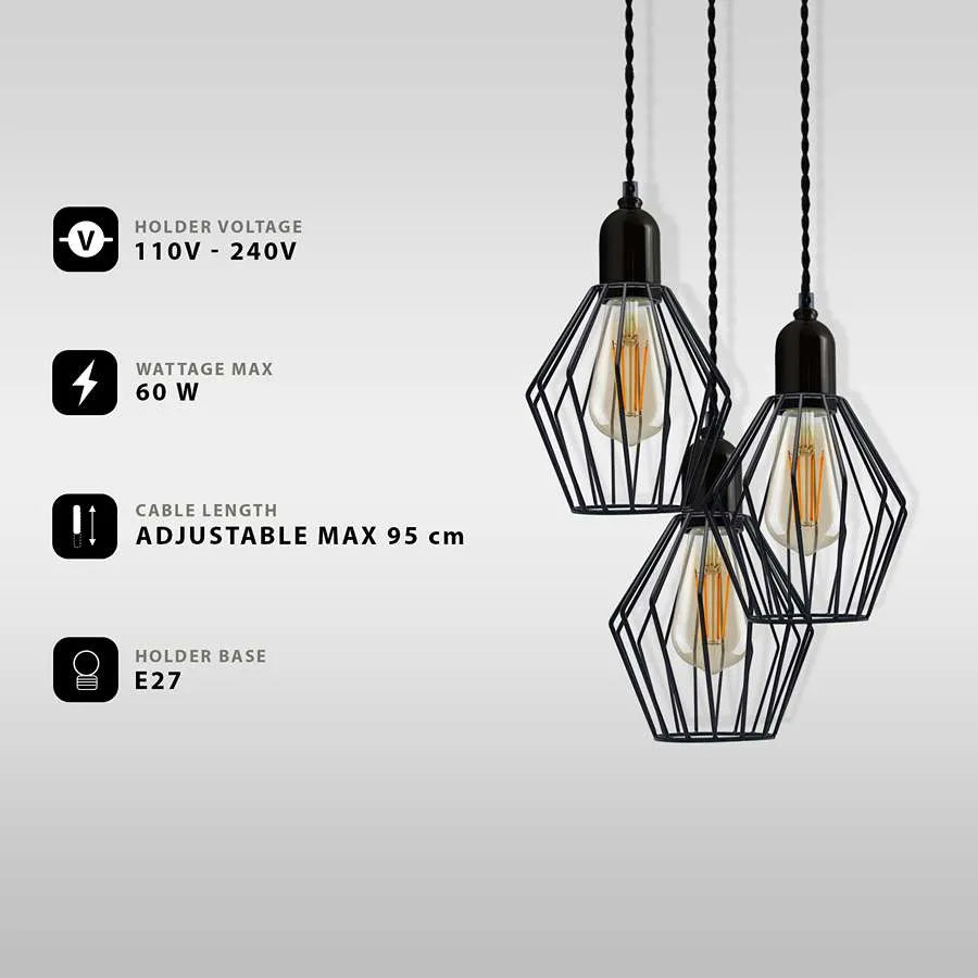 3-Light Diamond Cage Cluster Pendant – Black, E27 - photo 4