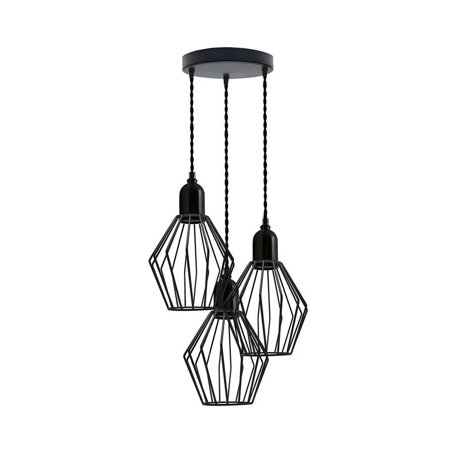 3-Light Diamond Cage Cluster Pendant – Black, E27 - Black, Diamond Cage Black, Without Bulb