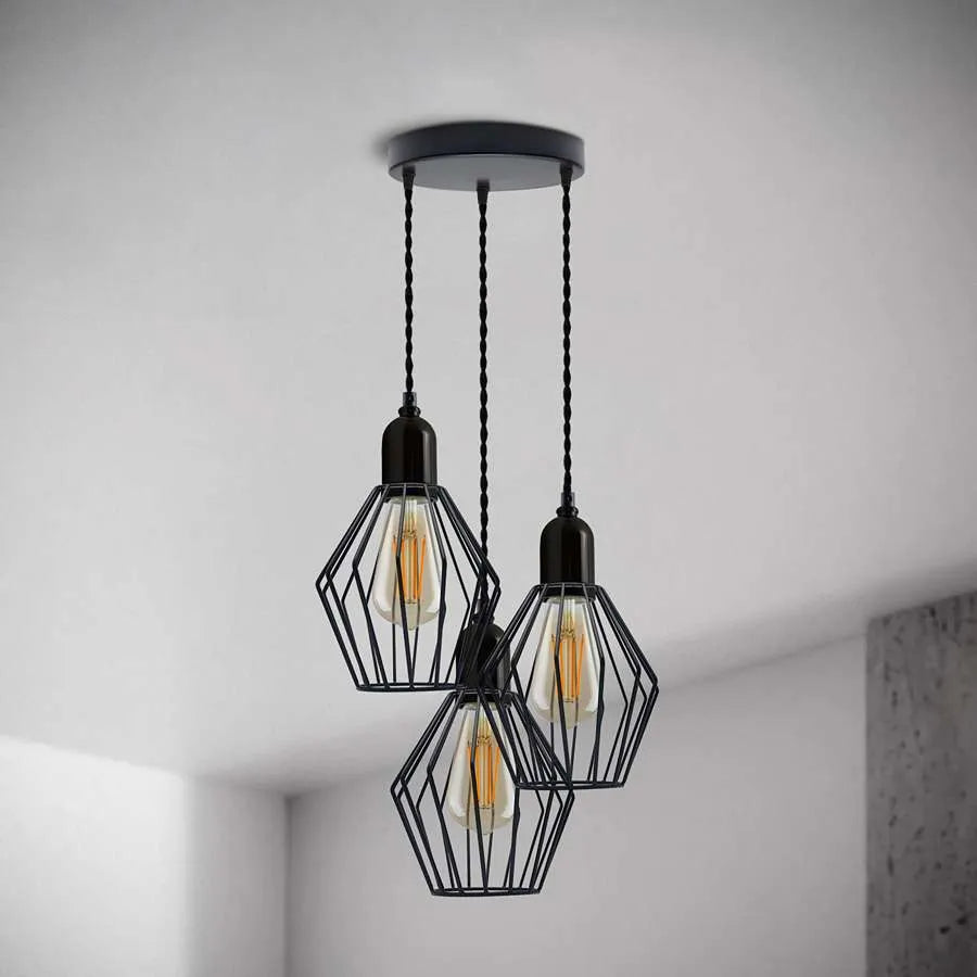 3-Light Diamond Cage Cluster Pendant – Black, E27