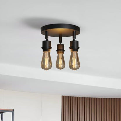 3-Light Flush Ceiling Light – Adjustable E27 Holders, 8 Finishes - Black, No Shade, ST64 Bulb