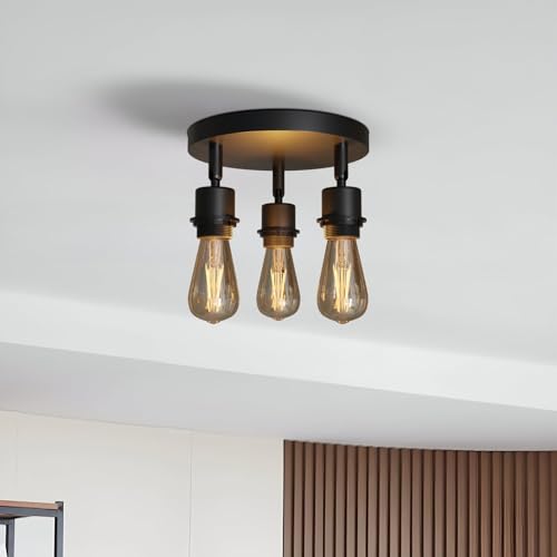 3-Light Flush Ceiling Light – Adjustable E27 Holders, 8 Finishes - Black, No Shade, ST64 Bulb
