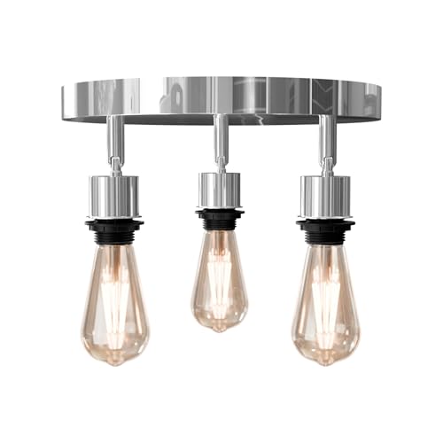 3-Light Flush Ceiling Light – Adjustable E27 Holders, 8 Finishes - Chrome, No Shade, ST64 Bulb