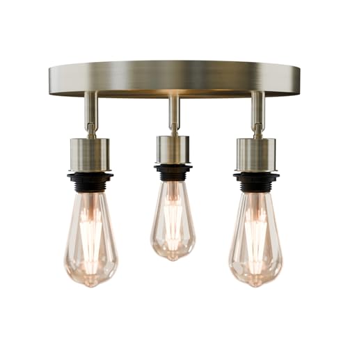 3-Light Flush Ceiling Light – Adjustable E27 Holders, 8 Finishes - Green Brass, No Shade, ST64 Bulb