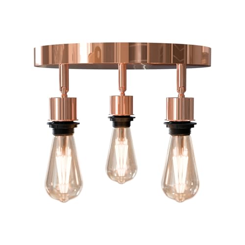 3-Light Flush Ceiling Light – Adjustable E27 Holders, 8 Finishes - Rose Gold, No Shade, ST64 Bulb