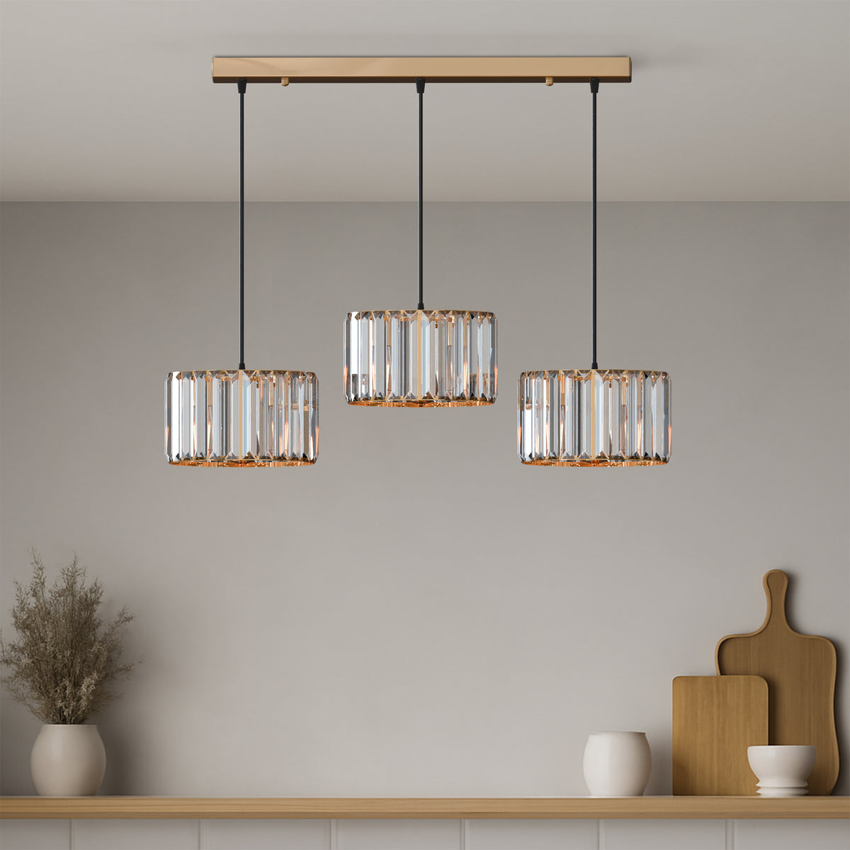 3-Light Crystal Drum Pendant – Bar or Round Plate, Black or Gold - photo 6