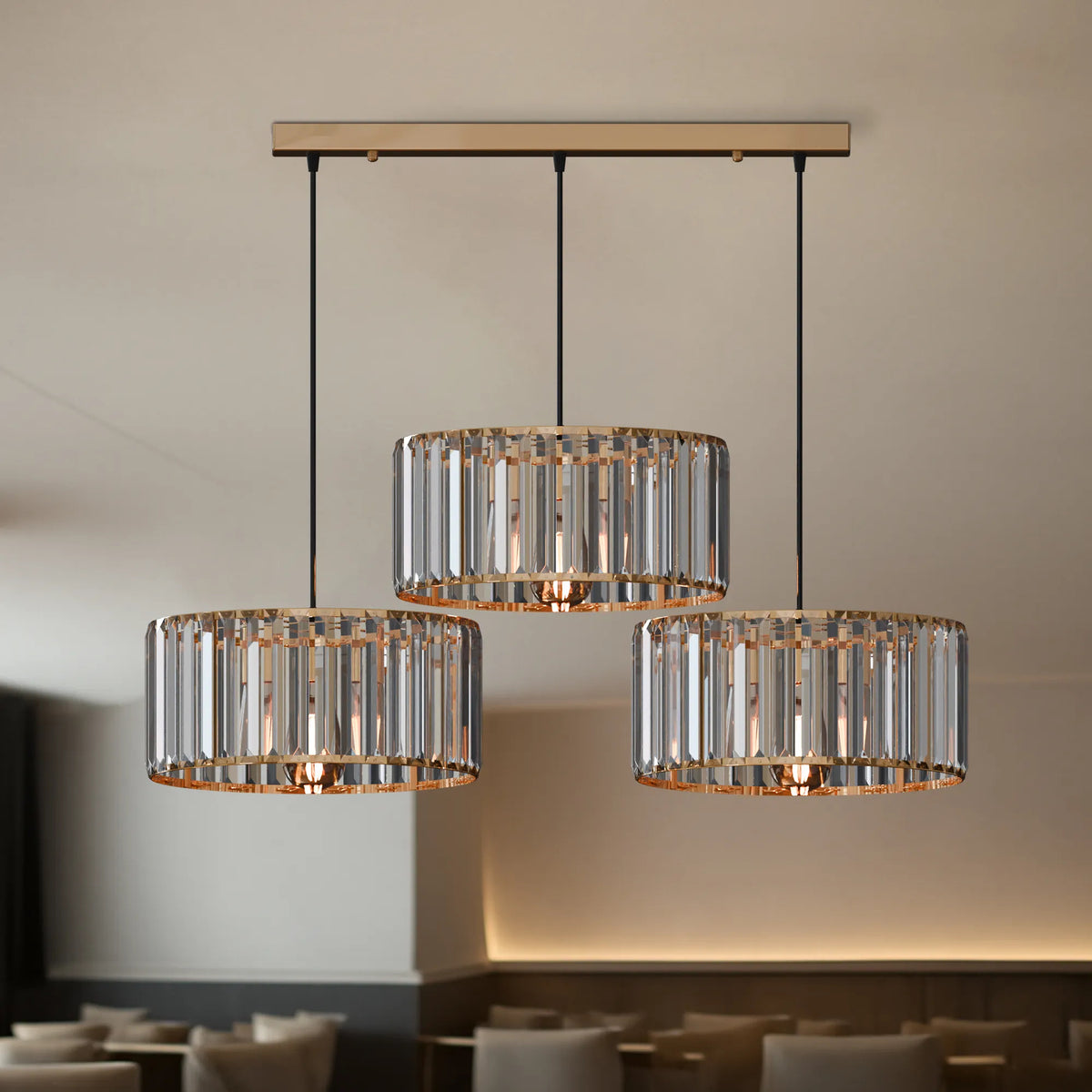 3-Light Crystal Drum Pendant – Bar or Round Plate, Black or Gold - photo 8