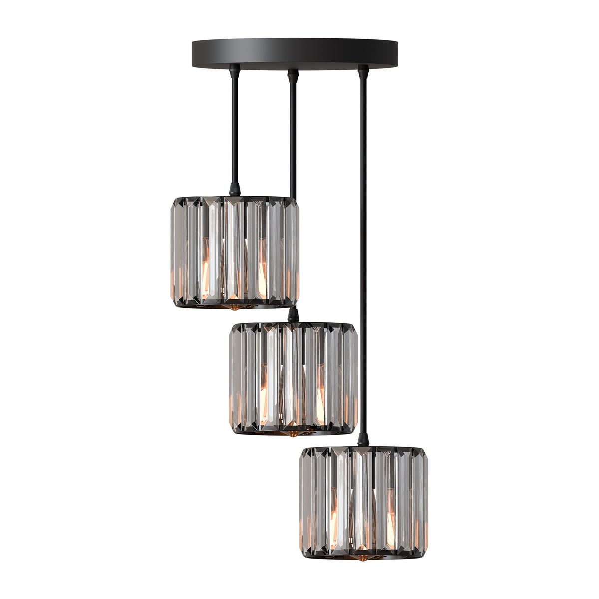 3-Light Crystal Drum Pendant – Bar or Round Plate, Black or Gold - Black, Crystal Drum 12 cm, Round Plate, Without Bulb