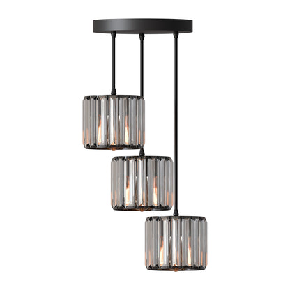 3-Light Crystal Drum Pendant – Bar or Round Plate, Black or Gold - Black, Crystal Drum 12 cm, Round Plate, Without Bulb