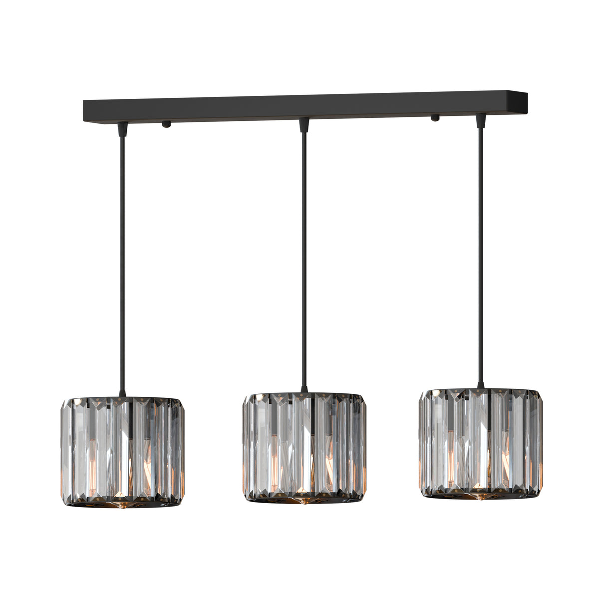 3-Light Crystal Drum Pendant – Bar or Round Plate, Black or Gold - Black, Crystal Drum 12 cm, Bar, Without Bulb
