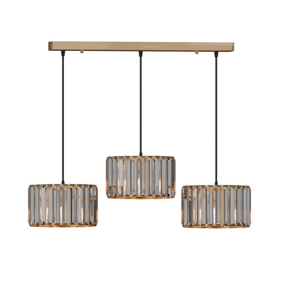 3-Light Crystal Drum Pendant – Bar or Round Plate, Black or Gold - French Gold, Crystal Drum 20 cm, Bar, Without Bulb