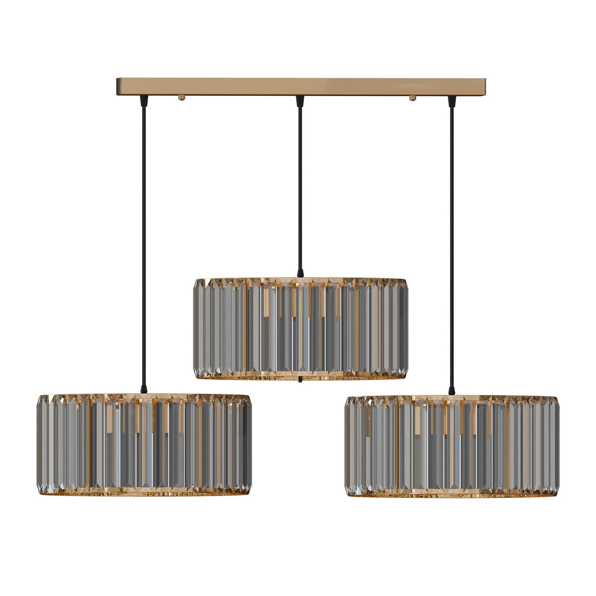 3-Light Crystal Drum Pendant – Bar or Round Plate, Black or Gold - French Gold, Crystal Drum 30 cm, Bar, Without Bulb