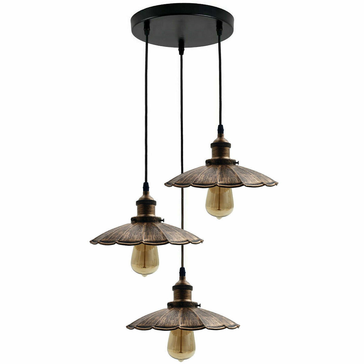 3-Light Pendant Cluster – Cone, Dome or Scalloped Shades, Plate or Bar - Brushed Copper, Scalloped 22 cm Brushed Copper, Round Plate, Without Bulb