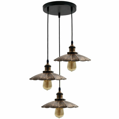 3-Light Pendant Cluster – Cone, Dome or Scalloped Shades, Plate or Bar - Brushed Copper, Scalloped 22 cm Brushed Copper, Round Plate, Without Bulb