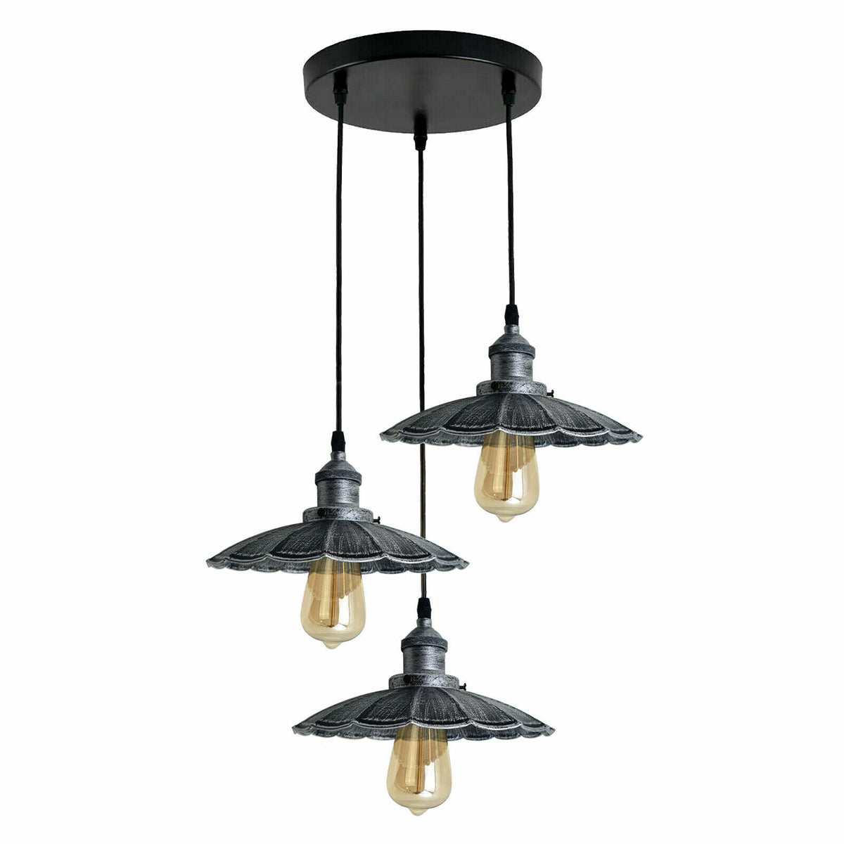 3-Light Pendant Cluster – Cone, Dome or Scalloped Shades, Plate or Bar - Brushed Silver, Scalloped 22 cm Brushed Silver, Round Plate, Without Bulb