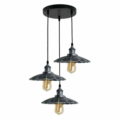 3-Light Pendant Cluster – Cone, Dome or Scalloped Shades, Plate or Bar - Brushed Silver, Scalloped 22 cm Brushed Silver, Round Plate, Without Bulb