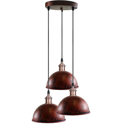 3-Light Pendant Cluster – Cone, Dome or Scalloped Shades, Plate or Bar - Copper, Dome 21 cm Rustic Red, Round Plate, Without Bulb