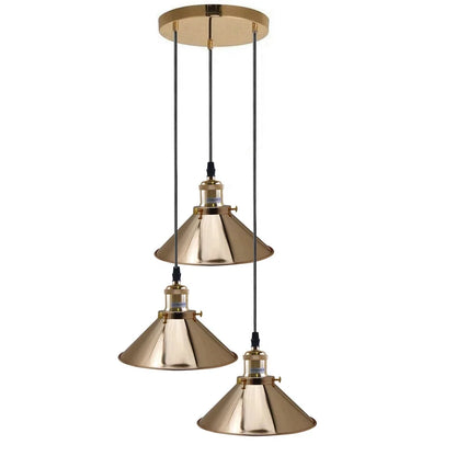 3-Light Pendant Cluster – Cone, Dome or Scalloped Shades, Plate or Bar - French Gold, Flat Cone 22 cm French Gold, Round Plate, Without Bulb