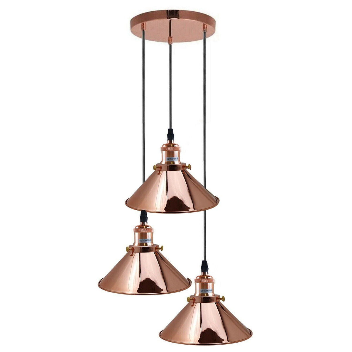 3-Light Pendant Cluster – Cone, Dome or Scalloped Shades, Plate or Bar - Rose Gold, Flat Cone 22 cm Rose Gold, Round Plate, Without Bulb