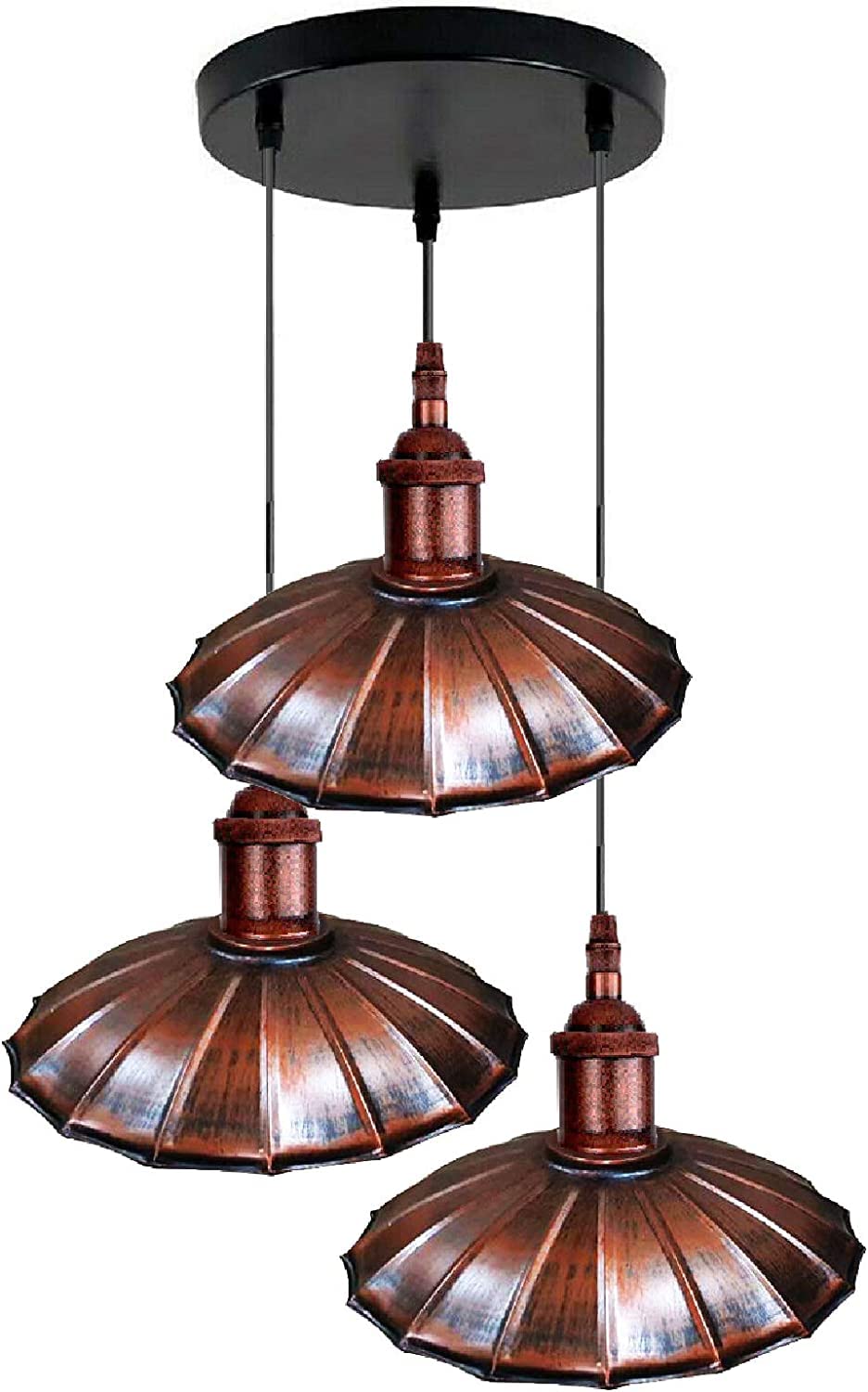 3-Light Pendant Cluster – Cone, Dome or Scalloped Shades, Plate or Bar - Rustic Red, Scalloped 22 cm Rustic Red, Round Plate, Without Bulb