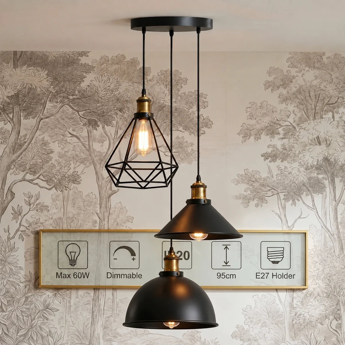 3-Light Pendant Cluster – Cone, Dome or Scalloped Shades, Plate or Bar - Yellow Brass, Black Dome, Cone & Black Cage, Round Plate, Without Bulb