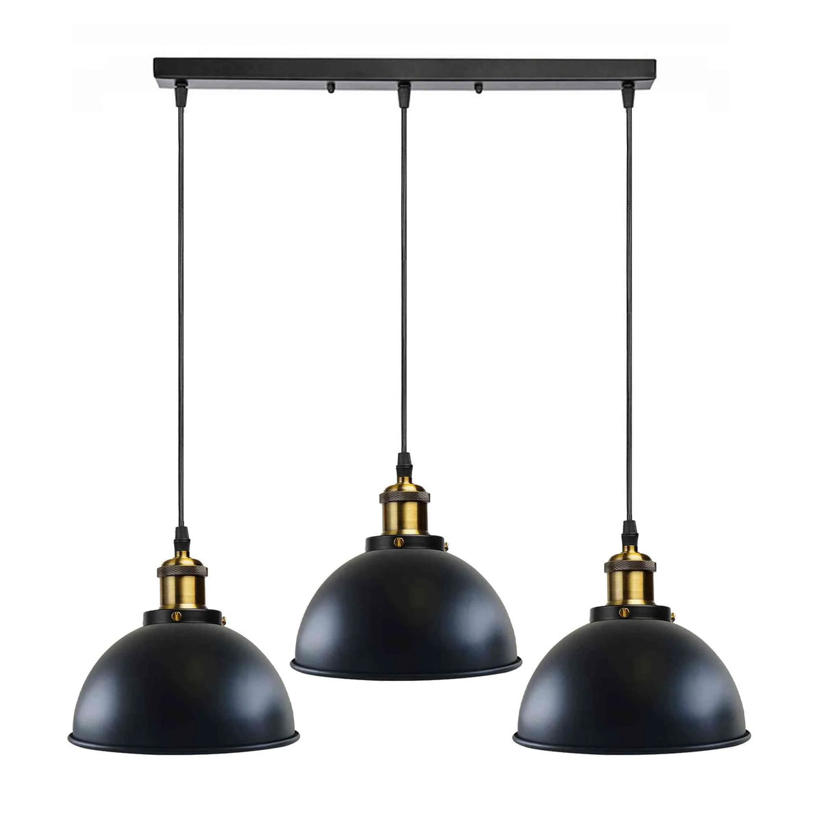 3-Light Pendant Cluster – Cone, Dome or Scalloped Shades, Plate or Bar - Yellow Brass, Dome 21 cm Black, Bar, Without Bulb
