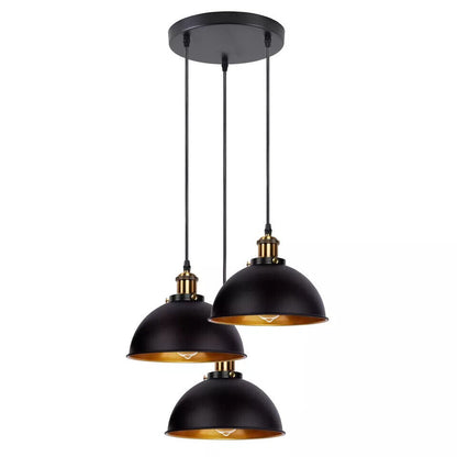 3-Light Pendant Cluster – Cone, Dome or Scalloped Shades, Plate or Bar - Yellow Brass, Dome 21 cm Black & Gold, Round Plate, Without Bulb