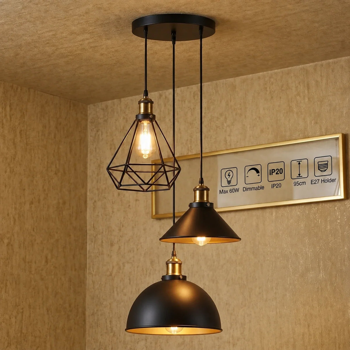 3-Light Pendant Cluster – Cone, Dome or Scalloped Shades, Plate or Bar - Yellow Brass, Black & Gold Dome, Cone & Black Cage, Round Plate, Without Bulb