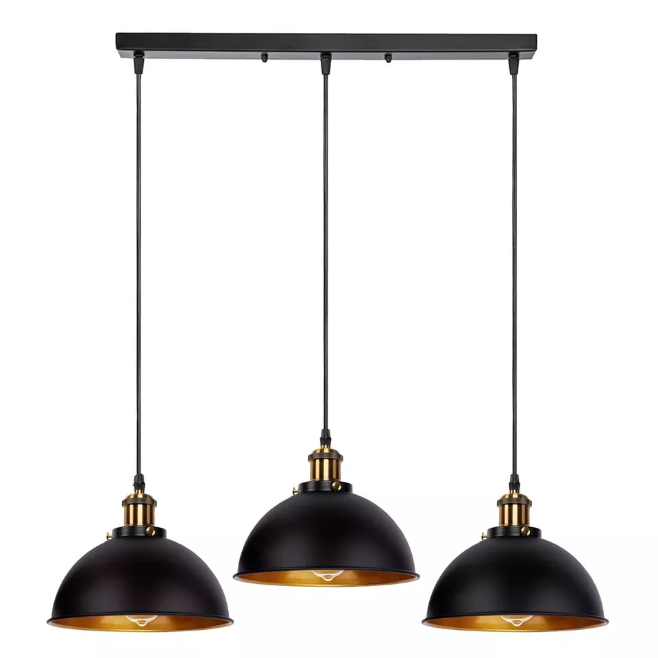 3-Light Pendant Cluster – Cone, Dome or Scalloped Shades, Plate or Bar - Yellow Brass, Dome 21 cm Black & Gold, Bar, Without Bulb