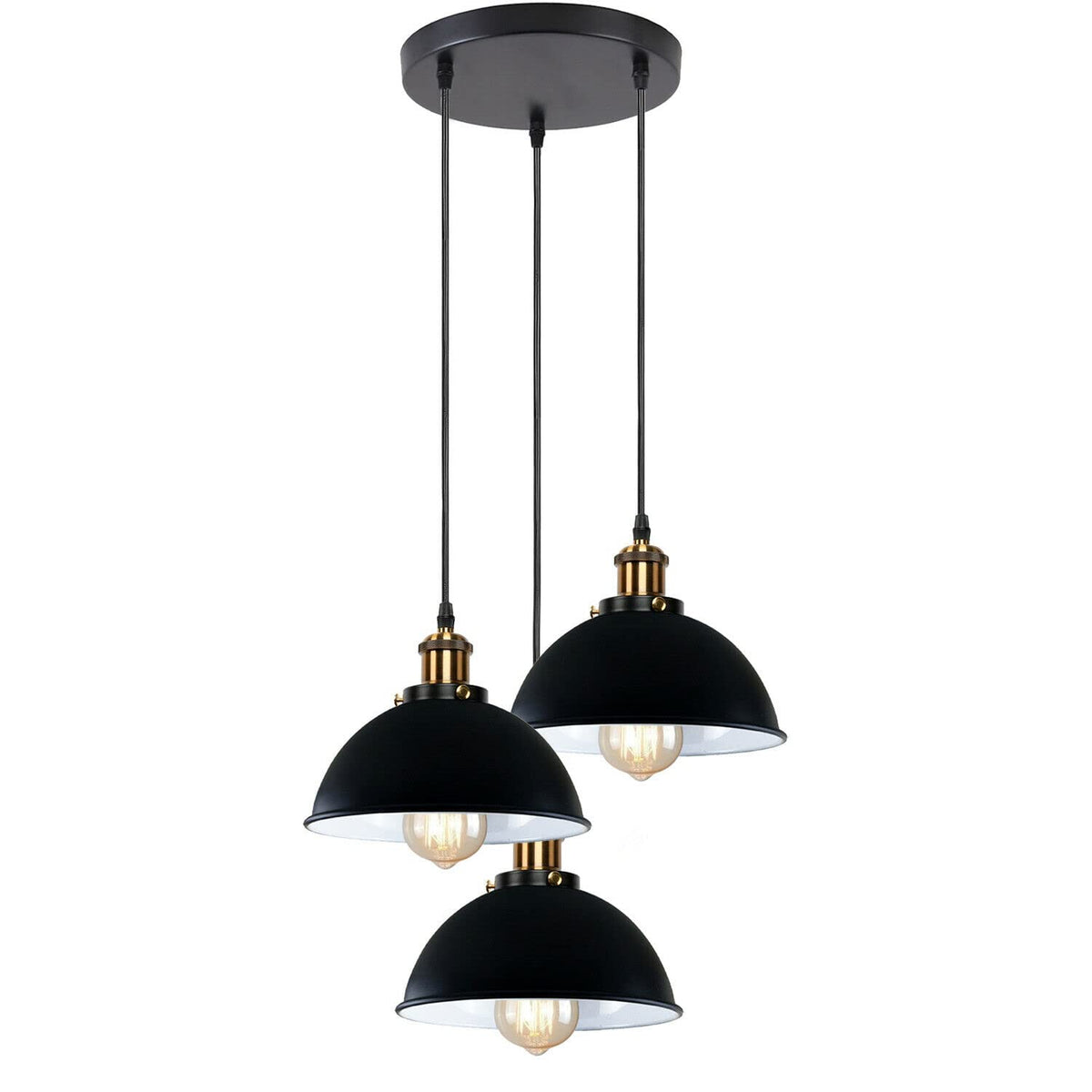 3-Light Pendant Cluster – Cone, Dome or Scalloped Shades, Plate or Bar - Yellow Brass, Dome 21 cm Black & White Inner, Round Plate, Without Bulb
