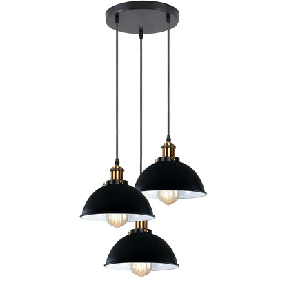 3-Light Pendant Cluster – Cone, Dome or Scalloped Shades, Plate or Bar - Yellow Brass, Dome 21 cm Black & White Inner, Round Plate, Without Bulb