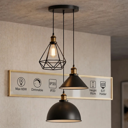3-Light Pendant Cluster – Cone, Dome or Scalloped Shades, Plate or Bar - Yellow Brass, Black & White Inner Dome, Cone & Black Cage, Round Plate, Without Bulb